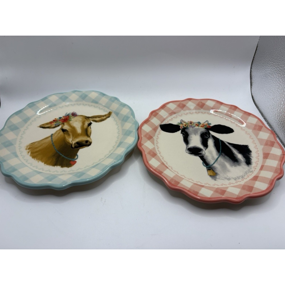 2 Pioneer Woman 7" Cow Appetizer Plate Black/White Pink & Brown Blue Gingham NWT